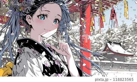 和服を着て初詣をしている若い女性