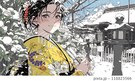 和服を着て初詣をしている若い女性