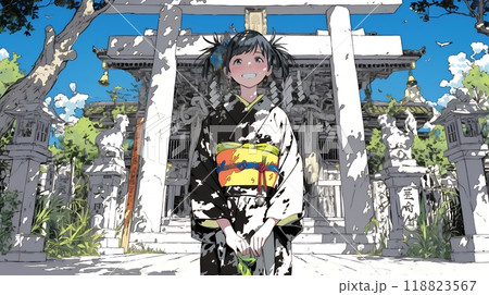 和服を着て初詣をしている若い女性