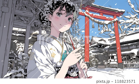 和服を着て初詣をしている若い女性