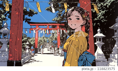 和服を着て初詣をしている若い女性