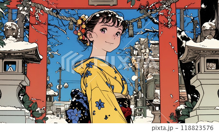 和服を着て初詣をしている若い女性