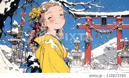 和服を着て初詣をしている若い女性
