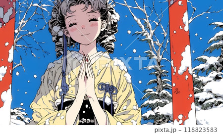 和服を着て初詣をしている若い女性