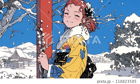 和服を着て初詣をしている若い女性