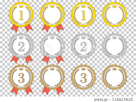 Set of gold, silver and bronze medal frame illustrations with laurel and crown_line drawing Set of gold, silver and bronze medal frame illustrations with laurel and crown_line drawing 118823628