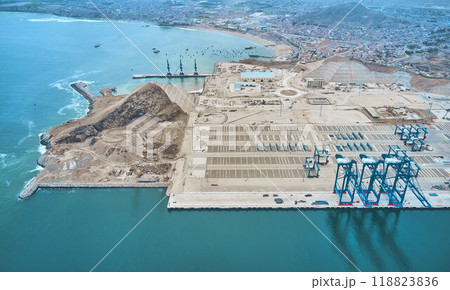 Panoramic view of Chancay Mega seaport. Located in Peru, under construction, future maritime hub of South America. Chancay Lima, Peru. Panoramic view of Chancay Mega seaport. Located in Peru, under construction, future maritime hub of South America. Chancay Lima, Peru. 118823836