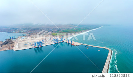 Panoramic view of Chancay Mega seaport. Located in Peru, under construction, future maritime hub of South America. Chancay Lima, Peru. 118823838