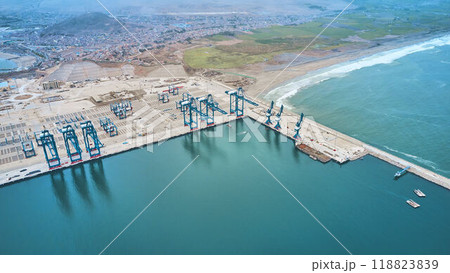 Aerial view of Chancay Mega seaport. Located in Peru, under construction, future maritime hub of South America. Chancay Lima, Peru. Aerial view of Chancay Mega seaport. Located in Peru, under construction, future maritime hub of South America. Chancay Lima, Peru. 118823839