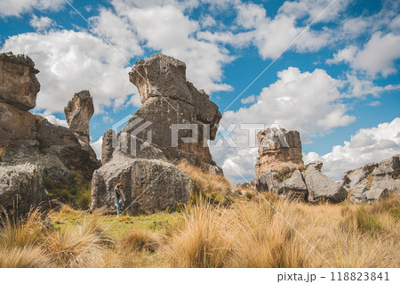 A person is walking on a dirt road wearing jeans and a brown shoe, traveling through the peruvian andes. Huayllay Stone Forest, Peru. 118823841