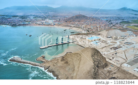 Panoramic view of Chancay Mega seaport. Located in Peru, under construction, future maritime hub of South America. Chancay Lima, Peru. Panoramic view of Chancay Mega seaport. Located in Peru, under construction, future maritime hub of South America. Chancay Lima, Peru. 118823844