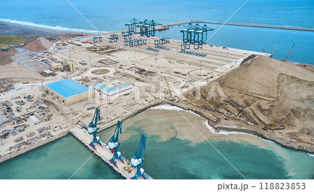 Chancay seaport. Located in Peru, Mega port under construction, future maritime hub of South America. Chancay Lima, Peru. 118823853