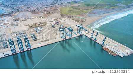 Chancay seaport. Located in Peru, Mega port under construction, future maritime hub of South America. Chancay Lima, Peru. Chancay seaport. Located in Peru, Mega port under construction, future maritime hub of South America. Chancay Lima, Peru. 118823854