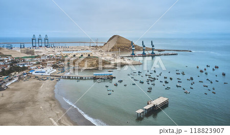 Aerial view of Chancay Mega seaport. Located in Peru, under construction, future maritime hub of South America. Chancay Lima, Peru. 118823907