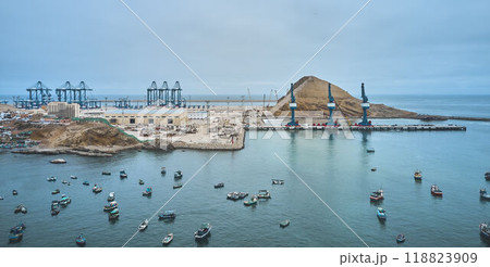 Chancay seaport. Located in Peru, Mega port under construction, future maritime hub of South America. Chancay Lima, Peru. 118823909