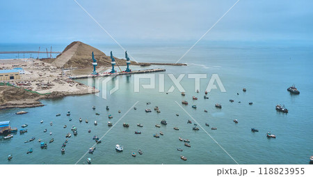 Aerial view of Chancay Mega seaport. Located in Peru, under construction, future maritime hub of South America. Chancay Lima, Peru. 118823955