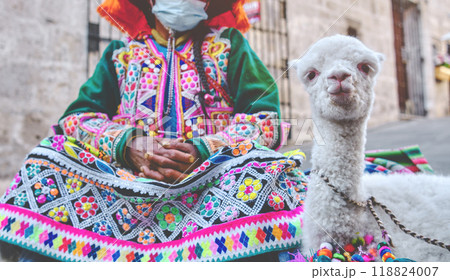 Peruvian woman in traditional clothes holding a baby llama in street, Arequipa, Peru. Selective Focus 118824007