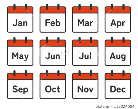 12ヶ月（英語）のカレンダーアイコンセットのイラスト素材