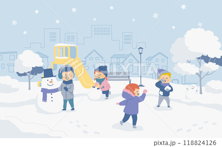 公園で雪遊びをする子供たちのイラスト 118824126