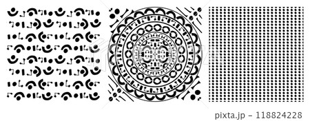 Set of round circle black seamless aztec patterns on white background. Vector dots hand drawn modern fabric prints Set of round circle black seamless aztec patterns on white background. Vector dots hand drawn modern fabric prints 118824228