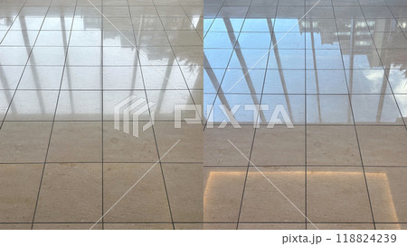 Before and after, polishing an old interior natural marble floor Before and after, polishing an old interior natural marble floor 118824239