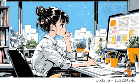 PCで資料作りをしている若い女性