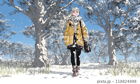 冬枯れの郊外の道を歩く若い女性