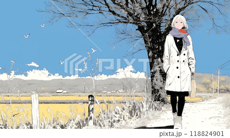 冬枯れの郊外の道を歩く若い女性