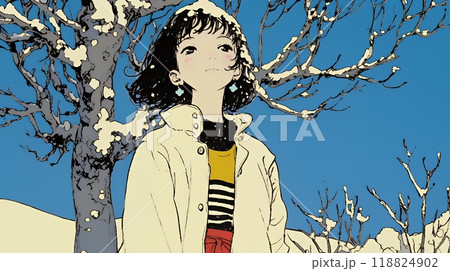 冬枯れの郊外の道を歩く若い女性