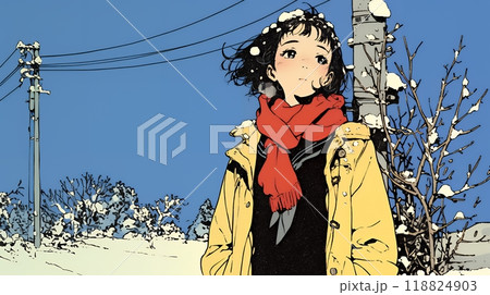 冬枯れの郊外の道を歩く若い女性