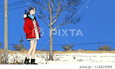 冬枯れの郊外の道を歩く若い女性