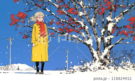 冬枯れの郊外の道を歩く若い女性