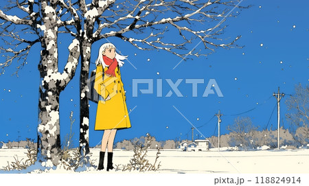冬枯れの郊外の道を歩く若い女性