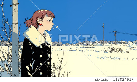 冬枯れの郊外の道を歩く若い女性