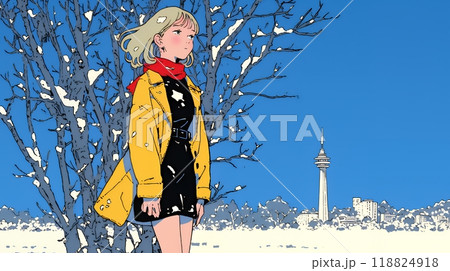 冬枯れの郊外の道を歩く若い女性