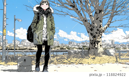 冬枯れの郊外の道を歩く若い女性