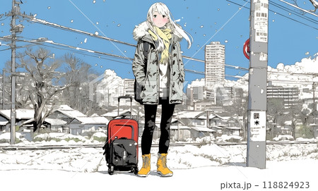 冬枯れの郊外の道を歩く若い女性