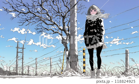 冬枯れの郊外の道を歩く若い女性