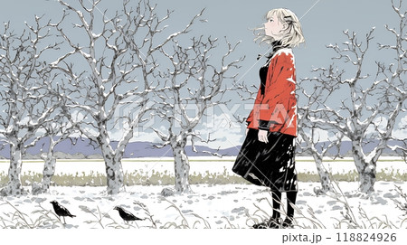 冬枯れの郊外の道を歩く若い女性
