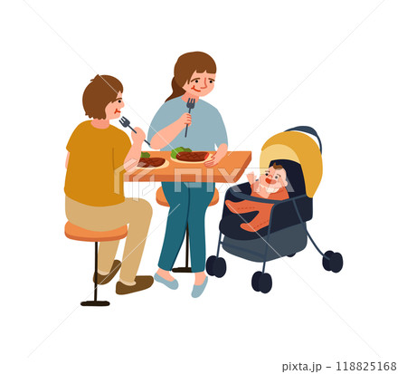 食事をする赤ちゃん連れの夫婦のイラスト 食事をする赤ちゃん連れの夫婦のイラスト 118825168