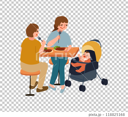 一對夫婦帶著嬰兒吃飯的插圖 一對夫婦帶著嬰兒吃飯的插圖 118825168