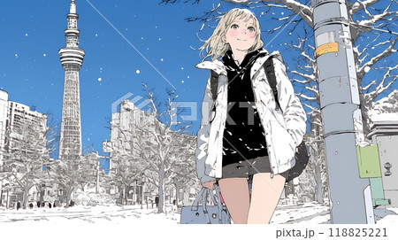 冬枯れの街を歩く若い女性
