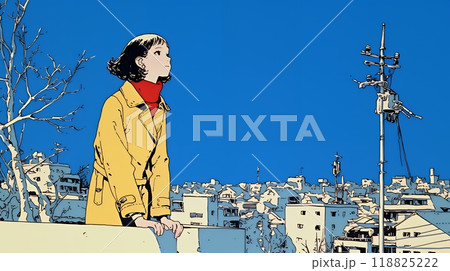 冬枯れの街を歩く若い女性