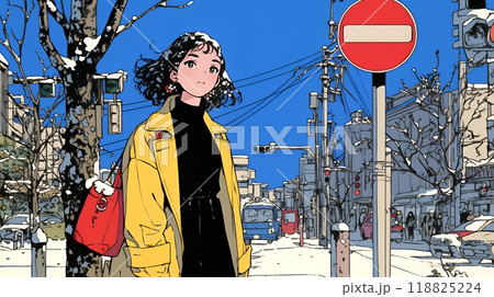 冬枯れの街を歩く若い女性