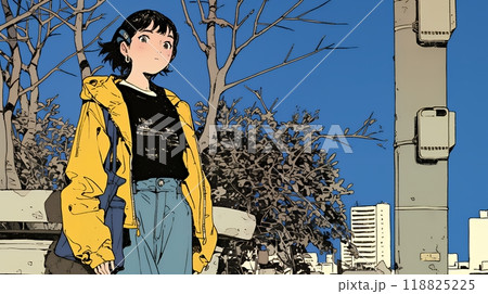 冬枯れの街を歩く若い女性