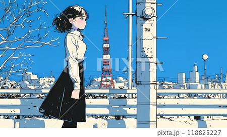 冬枯れの街を歩く若い女性