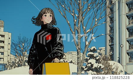 冬枯れの街を歩く若い女性