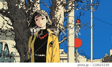 冬枯れの街を歩く若い女性