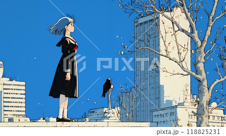 冬枯れの街を歩く若い女性