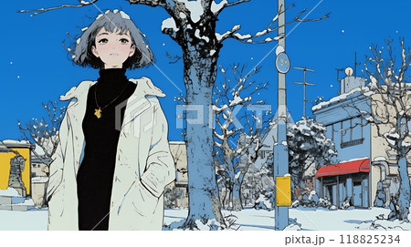 冬枯れの街を歩く若い女性